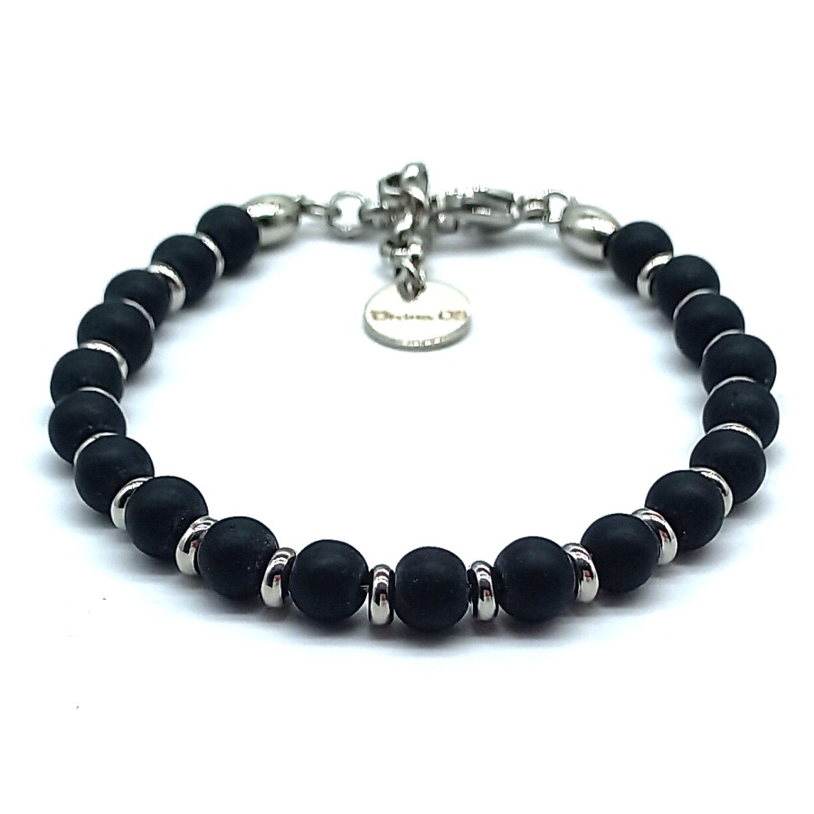 Bracciale Basic Steel & Pietra Dura | Onice Nera Opaca | 6 mm